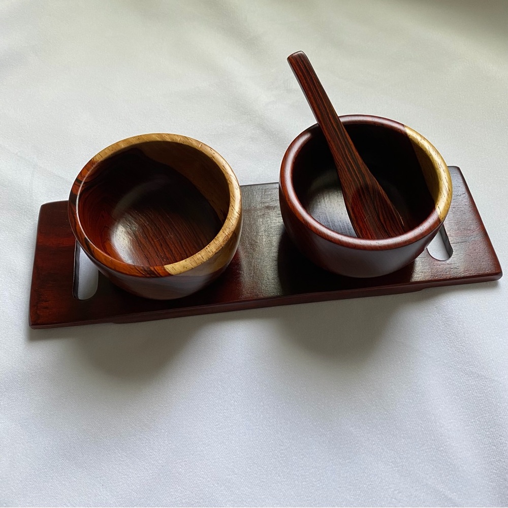 Vintage Wooden Double Bowl Set with Spoon - Rich Brown and Natural Wood Trim - Picture 9 of 12